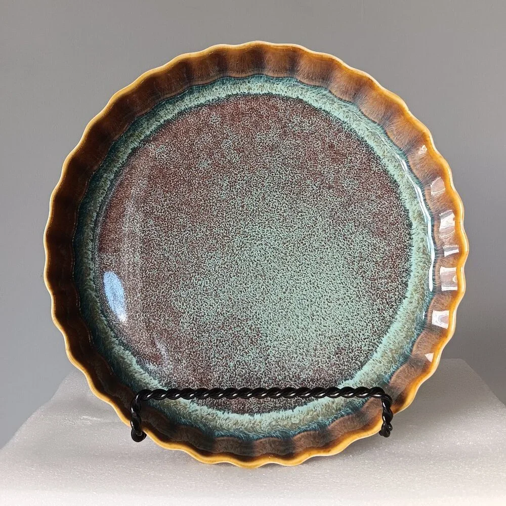 New Ceramic Fluted Round Baking Serving Dish Seamist Glaze Brown Blue 9